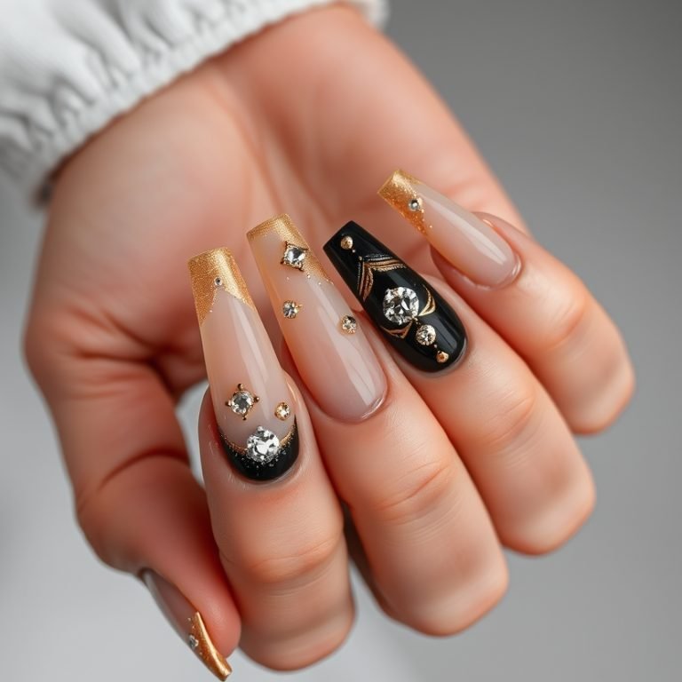 Classic black and white, fine art photograph, overhead close-up of a hand with long, curved acrylic nails. Nails feature black and gold hues with diamond patterns. Skin tone is warm; diamonds subtly